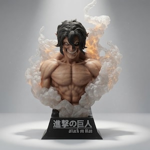 Puede incluir: Un busto detallado de un personaje humanoide musculoso con cabello oscuro y expresión feroz, rodeado de efectos de humo blanco translúcido. La base es negra con el texto "進撃の巨人" y "attack on titan" impreso en color blanco.