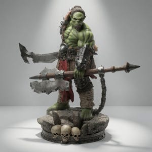 Könnte beinhalten: Eine grünhäutige Ork-Krieger-Figur auf einem felsigen Sockel, der mit drei Totenköpfen verziert ist. Die Figur trägt eine Metallrüstung, einen roten Lendenschurz und hält eine große, abgenutzte Streitaxt mit Kette und gebogener Klinge.