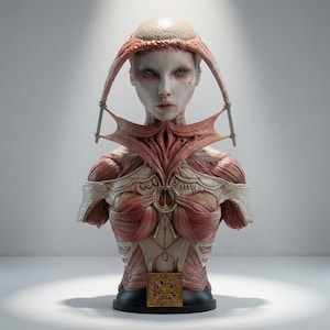 May include: A pale, humanoid bust featuring exposed muscular anatomy and skin-like textures. The figure wears a structural headpiece connected to the collarbone area, a gold-toned chest ornament, and a square, engraved gold puzzle box at the base.
