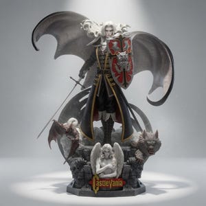 May include: A detailed Alucard figurine from Castlevania featuring long white hair, a black coat with gold trim, a sword, and a red and silver shield. The base includes a winged figure, a bat, a wolf, and the Castlevania logo in red and gold.