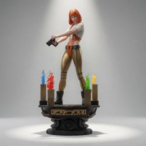 Puede incluir: Una figura coleccionable de un personaje con cabello naranja brillante, que viste una blusa blanca, leggings dorados y un arnés naranja, sosteniendo una pistola negra. La figura se apoya en una base con la etiqueta THE FIFTH ELEMENT con cuatro pilares coronados por llamas azul, roja, verde y amarilla.