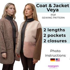 Peut inclure: Un patron de couture PDF pour le manteau et la veste Veya, proposant deux longueurs, deux styles de poches et deux fermetures. L'image montre deux manteaux texturés, un marron et un multicolore, avec des instructions photo et des croquis.