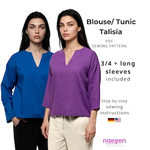 May include: A PDF sewing pattern for a Blouse/Tunic Talisia featuring a V-neckline and options for 3/4 or long sleeves. The image displays two versions of the garment: one in solid blue and one in solid purple, accompanied by step-by-step instructions.