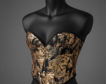 Haut corset en brocart or noir - Bustier à lacets sans bretelles, corset de soirée gothique vintage, haut élégant