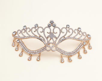 Gold Rhinestone Masquerade Mask | Venetian Prom Mask, Elegant Mardi Gras Accessory, Fancy Eye Mask for Women