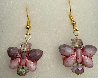 Handmade Czech Glass Butterfly Earrings - Pink & Mauve Iridescent Dangles, Nature Inspired