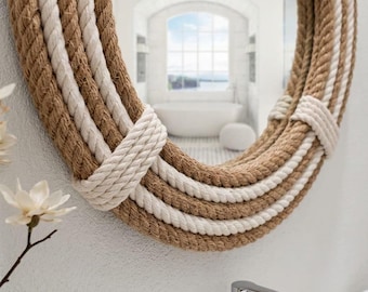 手作りロープフレーム壁掛け鏡｜海岸風マリンラウンドミラー｜ボヘミアンバスルーム化粧鏡｜素朴なファームハウス風壁飾り