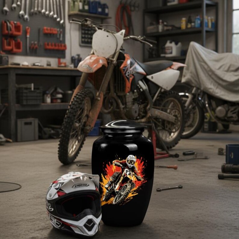 Urna funeraria negra para motocross – Recuerdo conmemorativo para piloto de motocross imagen 3