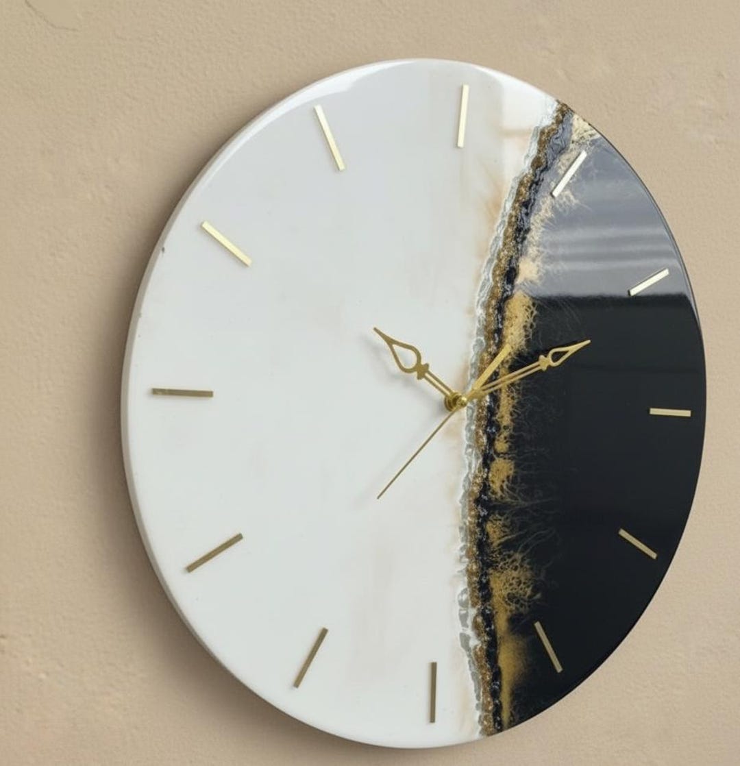 Modern Resin Wall Clock – Black White Marble Gold Hands Minimalist Home ...