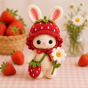 Könnte beinhalten: Eine cremefarbene Häkel-Hasenpuppe mit einem roten, erdbeerförmigen Hut mit weißen Punkten und grünem Stiel. Der Hase hat schwarze Augen, eine rosa Nase und trägt eine passende erdbeerförmige Umhängetasche sowie eine weiße Gänseblümchenblüte.