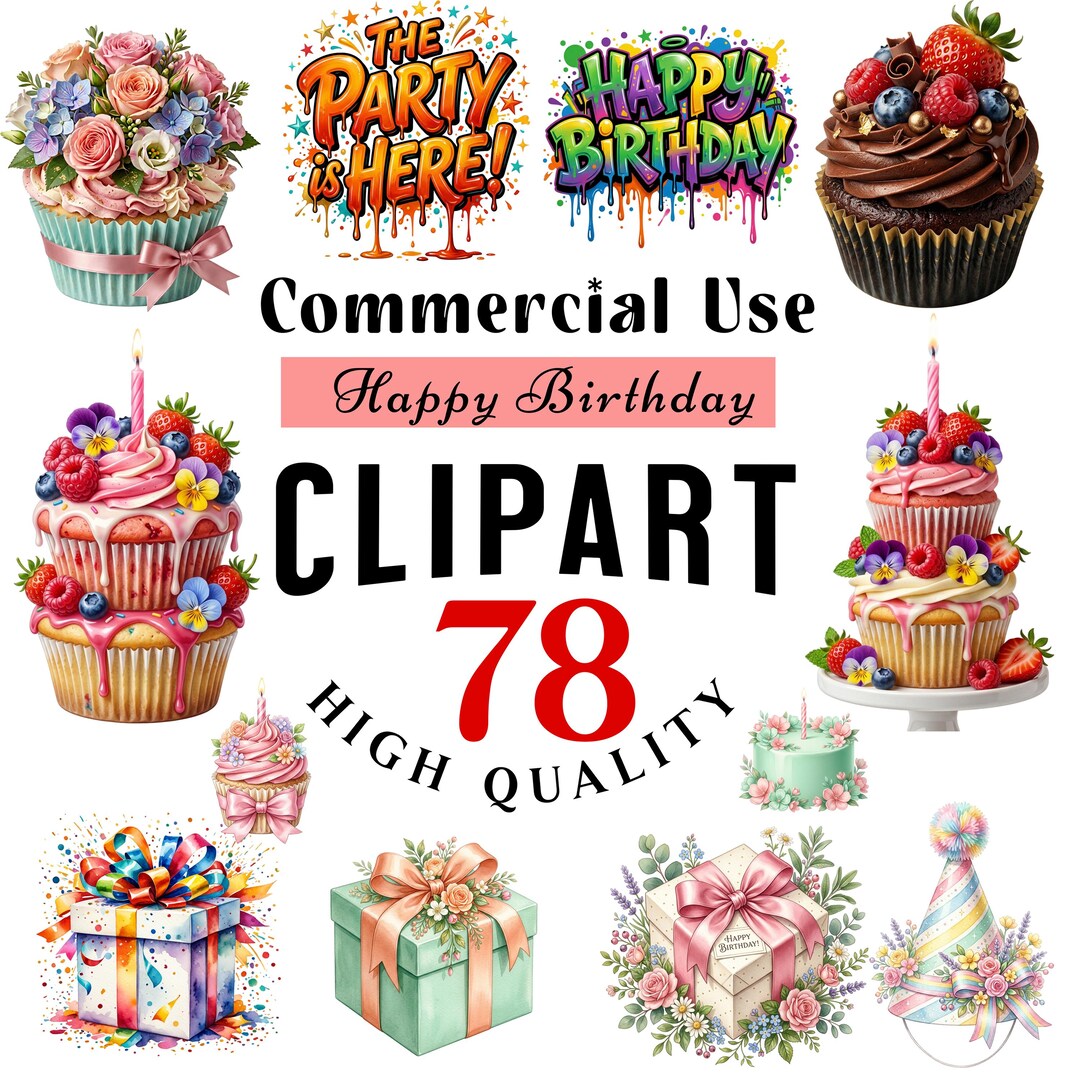 Cute Birthday Clipart Bundle PNG 78 Files Cake Cupcake Party Elements ...