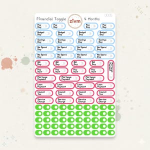 May include: A sheet of financial planner stickers with the text "Financial Toggle" and "4 Months". The stickers include labels for "Pay Day", "Budget Day", "Savings Day", "No Spend Day", "Bill Day", "Pay Rent", and more. The stickers are in shades of blue, pink, and green.
