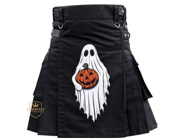 Svart Halloween Ghost Utility Kilt - Pumpa Ghost Skotsk Kilt med Läderrem - Punk Goth Festival Halloween Kostym Kilt Storlekar 28" till 60"