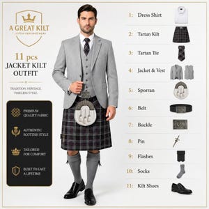 Puede incluir: Un hombre con un traje tradicional escocés, que incluye una chaqueta, un chaleco y una corbata. El conjunto incluye una camisa, un kilt de tartán, un sporran, un cinturón, una hebilla, un alfiler, calcetines y zapatos kilt. El texto dice "A Great Kilt".