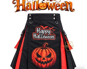 Herrkilt med Halloween-motiv - Svart & orange pumpakilt med Jack-O-Lantern-motiv - Kilt med skotsk höglandsfestival, storlekar 28" till 60"