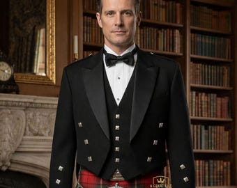 Prince Charlie Jacket With 5 Button Vest for Men | Scottish Formal Kilt Jacket | Highland Dress Wedding Jacket Chest Size 34" to 54"