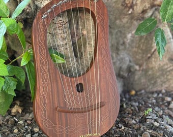 10 Strings Rosewood Piping Design Lyre Harp - Handmade Celtic Musical Lyre Harp with Tuning Key Bag & string set