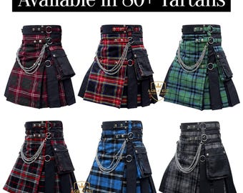 Men’s Gothic Hybrid Utility Kilt | Custom Tartan Cargo Pockets Kilt with Chains | Scottish Utility Kilt Available in 80+ Tartans