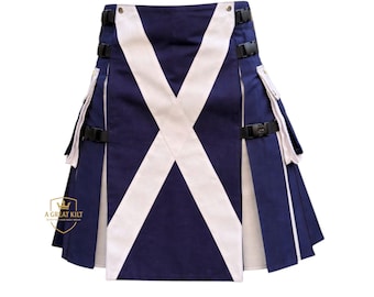 Falda escocesa utilitaria con la bandera de Escocia para hombre, diseño de cruz de San Andrés, bolsillos cargo, tallas de falda escocesa de 28" a 60".