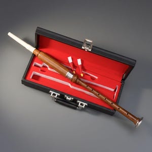 Puede incluir: Una gaita de madera marrón con detalles plateados y una boquilla blanca descansa dentro de un estuche negro abierto con interior rojo. También se ven dos lengüetas. El estuche está abierto, revelando los componentes del instrumento.