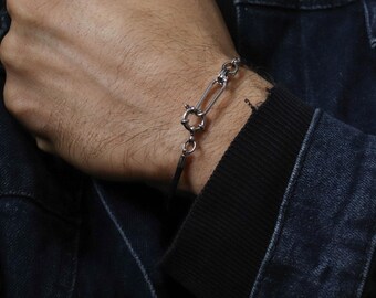 Leren armband voor heren - zilveren bikerarmband voor heren - kettingsieraden in rockstijl, vintage muntbedel, handgemaakt cadeau voor armband