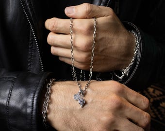Zilveren kruisketting voor heren – Biker Rock-stijlsieraden, roestvrijstalen ketting, handgemaakt rustiek cadeau voor hem