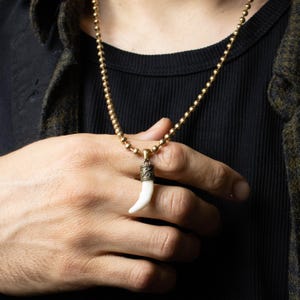 Könnte beinhalten: Eine goldfarbene Kugelkette mit einem Anhänger, der einen weißen, gebogenen Zahn zeigt. Der Anhänger hat eine dekorative, antik anmutende Metallkappe. Die Halskette wird vor einem dunklen Hintergrund präsentiert.