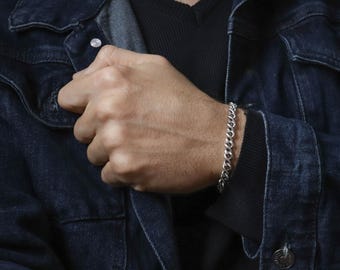 Kettingarmband voor heren - zilveren bikerarmband voor heren - kettingsieraden in rockstijl, vintage muntbedel, handgemaakt cadeau voor hem