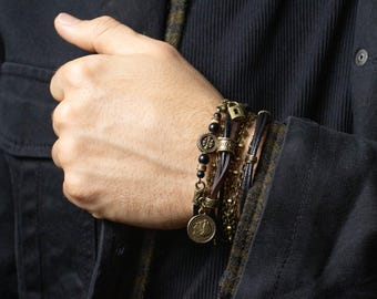 Armbandenset voor heren – boho-sieraden, natuursteenarmband, etnisch handgemaakt cadeau voor hem, rustieke stijl accessoirearmband