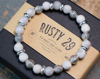 Kralenarmband voor heren – sieraden in bikerrockstijl, roestvrij staal en natuursteenkralen, handgemaakt cadeau voor armband