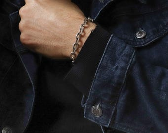 Kettingarmband voor heren - zilveren bikerarmband voor heren - kettingsieraden in rockstijl, vintage muntbedel, handgemaakt cadeau voor hem