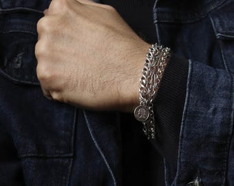 Gelaagde kettingarmband met munt - zilveren bikerarmband voor heren - kettingsieraden in rockstijl, vintage muntbedel, handgemaakt cadeau voor armband