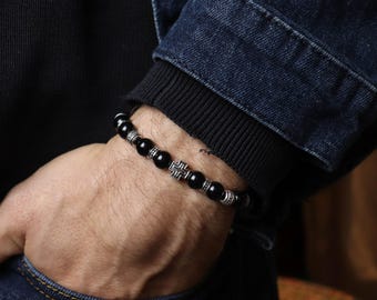 Kralenarmband voor heren – sieraden in bikerrockstijl, roestvrij staal en natuursteenkralen, handgemaakt cadeau voor armband