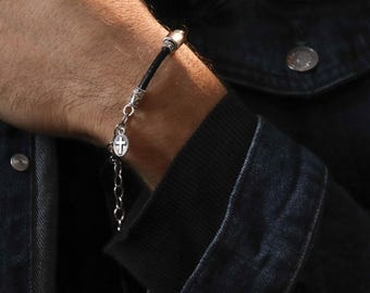 Leren armband voor heren - zilveren bikerarmband voor heren - rockstijl kettingsieraden, vintage muntbedel, handgemaakt cadeau voor hem