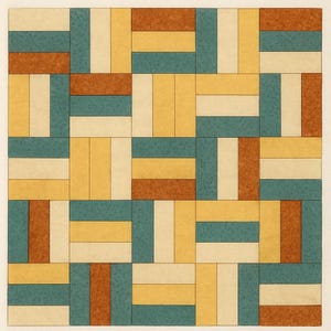 May include: A geometric pattern featuring rectangular blocks in shades of teal, brown, yellow, and off-white. The design is arranged in a repeating, offset grid, creating a patchwork effect. The color palette is warm and inviting.