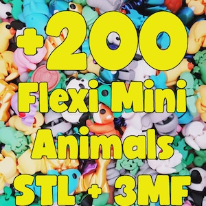 Op de afbeelding: Een kleurrijk assortiment Flexi-Mini Dieren in diverse vormen en kleuren, waaronder panda's, eenden en schildpadden. De afbeelding toont de tekst "+200 Flexi-Mini Animals STL + 3MF" in geel, tegen een achtergrond van de miniatuur dierfiguren.