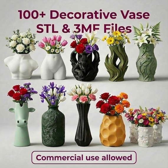 100+ Decorative Vase STL & 3MF Files Full 3D Printing Bundle | Commercial Use