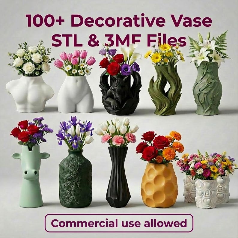 100+ Decorative Vase STL & 3MF Files Full 3D Printing Bundle | Commercial Use image 1