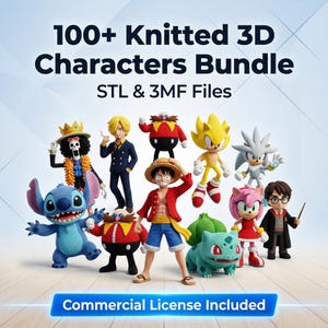 Peut inclure: Plusieurs modèles de personnages 3D, dont Stitch, Luffy et Sonic, sont présentés. L'image comprend le texte "100+ Knitted 3D Characters Bundle" et "Commercial License Included."
