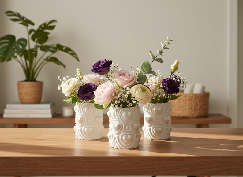 May include: Three white cylindrical vases featuring a raised heart pattern on the exterior. Each vase is filled with a floral arrangement containing light pink roses, white ranunculus, deep purple lisianthus, baby's breath, and green eucalyptus.
