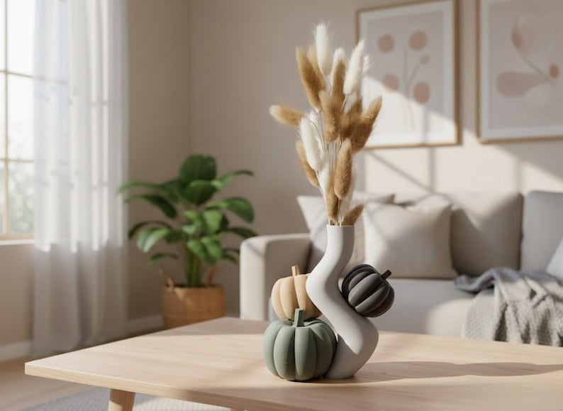 May include: A white, wavy-shaped ceramic vase holding a bouquet of dried, fluffy, tan and white bunny tail grass. The vase is decorated with three small, round, pumpkin-shaped ornaments in muted shades of sage green, beige, and dark gray.