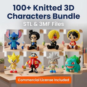 Pode incluir: Uma coleção de figuras de personagens 3D de malha, incluindo Stitch, Brook, Sanji e outros. As figuras são coloridas e detalhadas, com o texto "100+ Knitted 3D Characters Bundle" e "Commercial License Included".