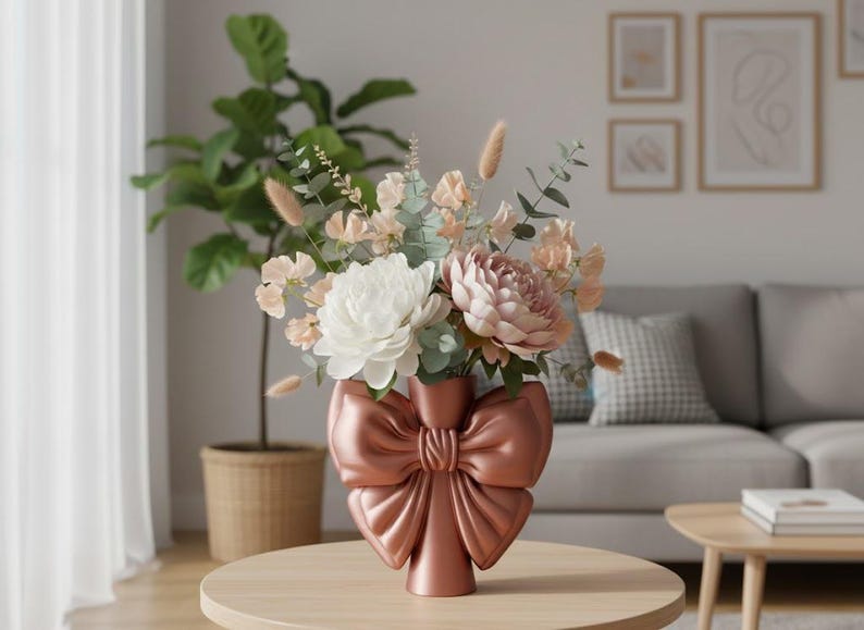 May include: A metallic rose gold vase shaped like a large bow, filled with a floral arrangement of white and dusty pink peonies, green eucalyptus leaves, and beige dried grasses, creating a soft and balanced decorative centerpiece.