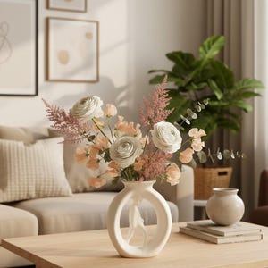 May include: A matte white ceramic vase with a circular frame and a central abstract human figure cutout, holding a bouquet of white ranunculus, pale peach sweet peas, pink astilbe, and green eucalyptus stems on a light wooden table.