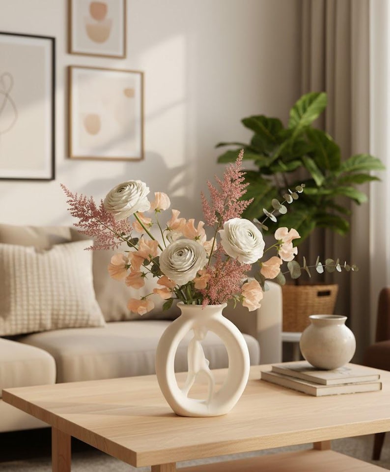 May include: A matte white ceramic vase with a circular frame and a central abstract human figure cutout, holding a bouquet of white ranunculus, pale peach sweet peas, pink astilbe, and green eucalyptus stems on a light wooden table.