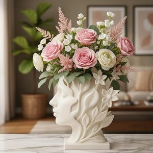 May include: A white ceramic vase shaped like a human head with closed eyes, adorned with relief carvings of leaves and flowers. The vase is filled with a vibrant bouquet of pink roses, white ranunculus, and feathery pink astilbe stems.