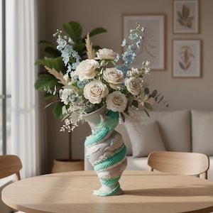 May include: A light gray vase featuring a sculpted teal dragon wrapping around its body, filled with a floral arrangement of white roses, light blue delphinium stalks, pampas grass, and green eucalyptus leaves.