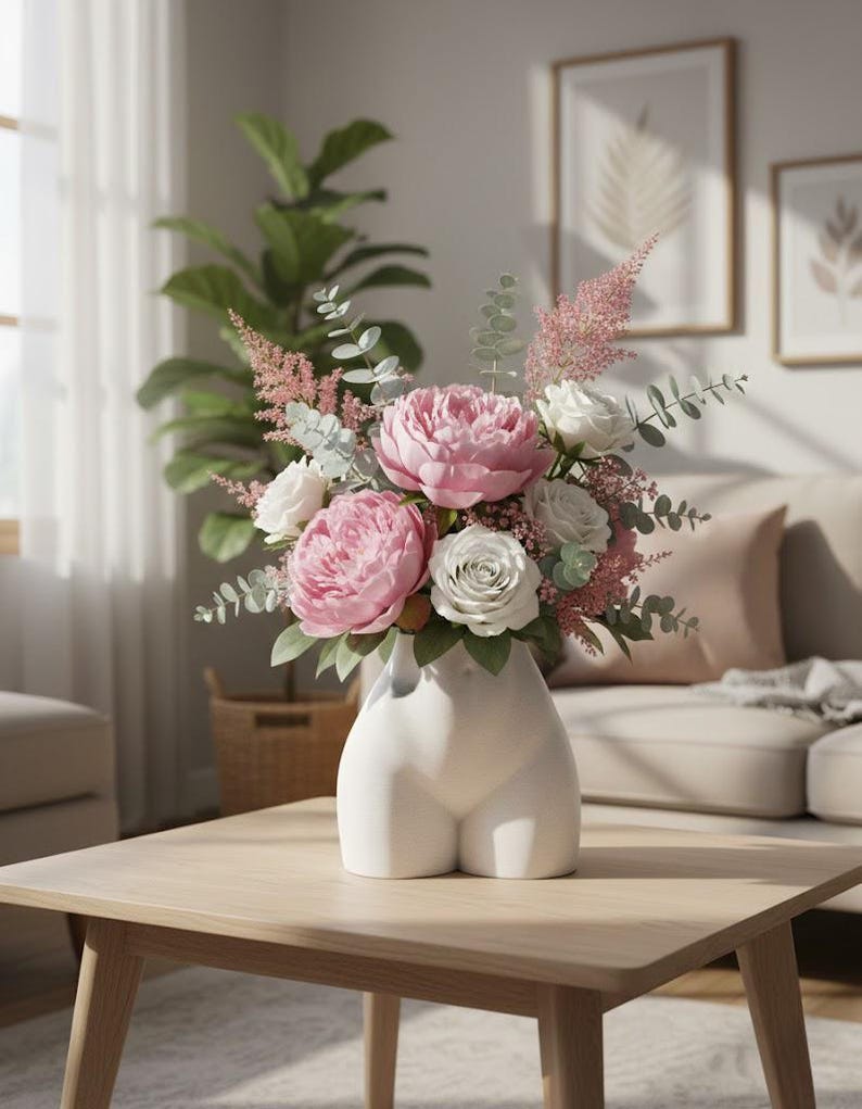May include: A white ceramic vase shaped like a human torso holds a floral arrangement featuring large pink peonies, white roses, feathery pink astilbe, and sprigs of green eucalyptus leaves, creating a balanced and textured botanical display.