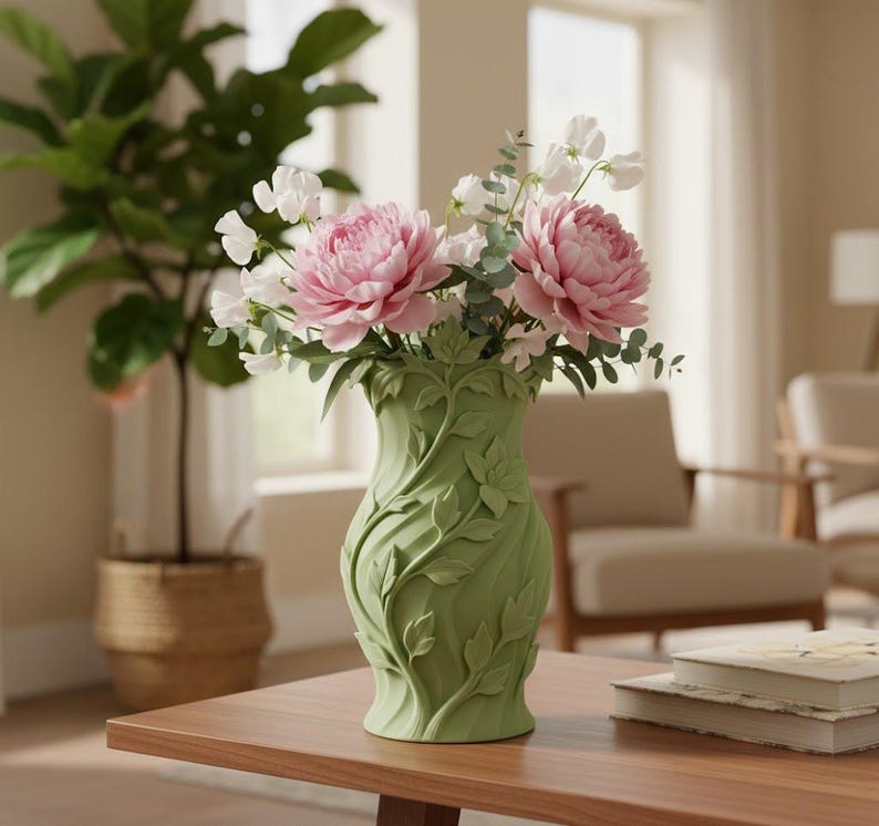 May include: A matte sage green ceramic vase featuring a raised, swirling vine and leaf relief pattern. The vase is filled with a bouquet of large, soft pink peony flowers and delicate white sweet pea blossoms with green stems and foliage.