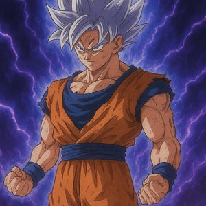 Op de afbeelding: Illustratie van een gespierd personage met stekelig wit haar, gekleed in een oranje en blauwe outfit. Het personage staat tegen een achtergrond van paarse bliksem. De afbeelding is een gestileerde, actiegerichte weergave.